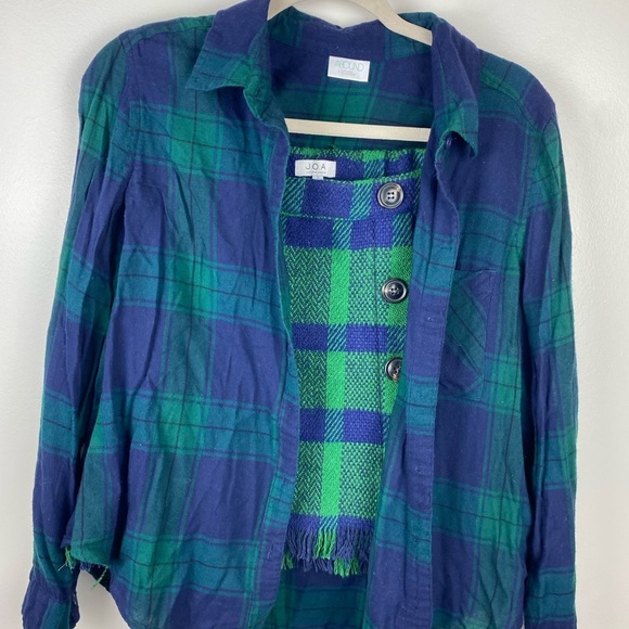 J.O.A SET Plaid Fray Hem Mini Skirt. S small Green/blue abound plaid shirt - Picture 9 of 13